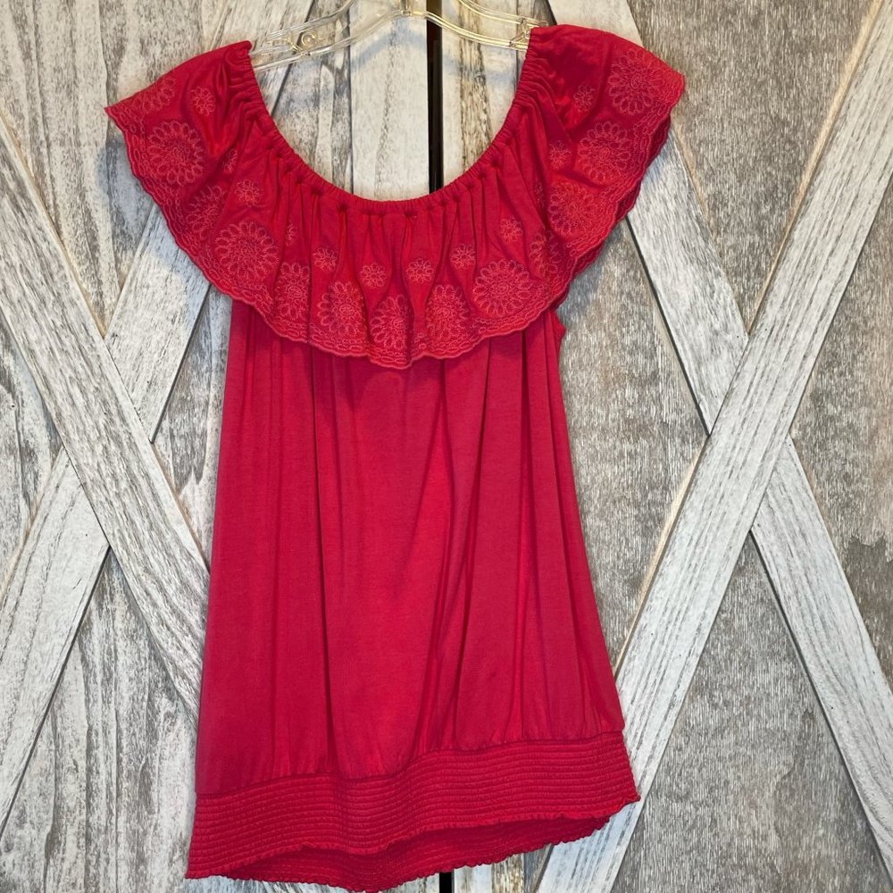 Youth Hot Pink Off the Shoulder Floral Embroidered Top